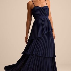 Lulus Jehona Navy Blue Pleated Tiered Maxi Dress - Size S
